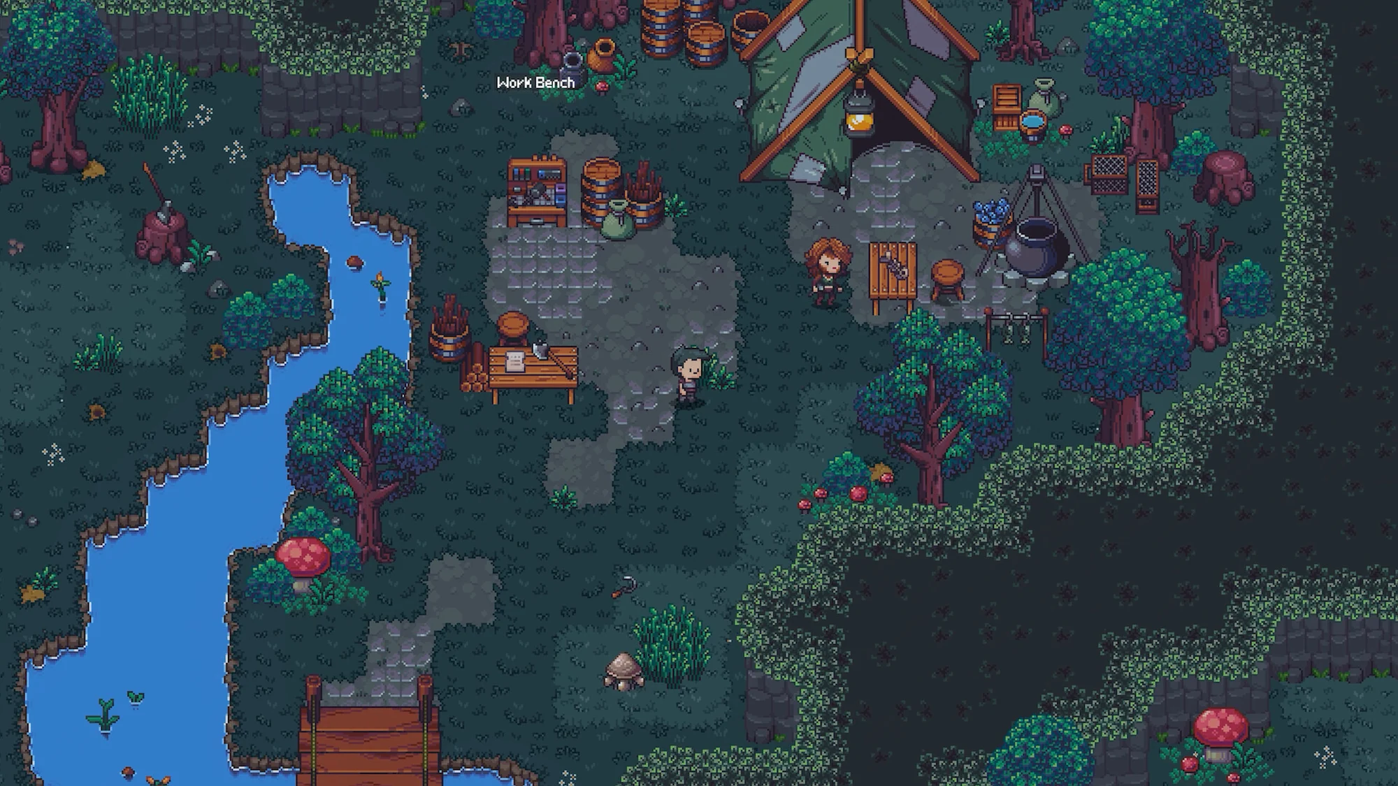 Overhead pixel-art view of the Emberville forest camp: a lantern-lit tent, work benches, a crafting station, a wooden bridge and a winding river.