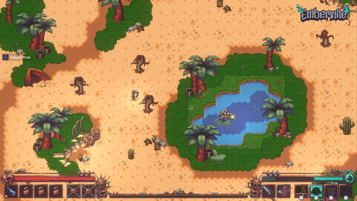 Pixel-art desert region with palm trees and a pond, with the game HUD showing health and skill bars.