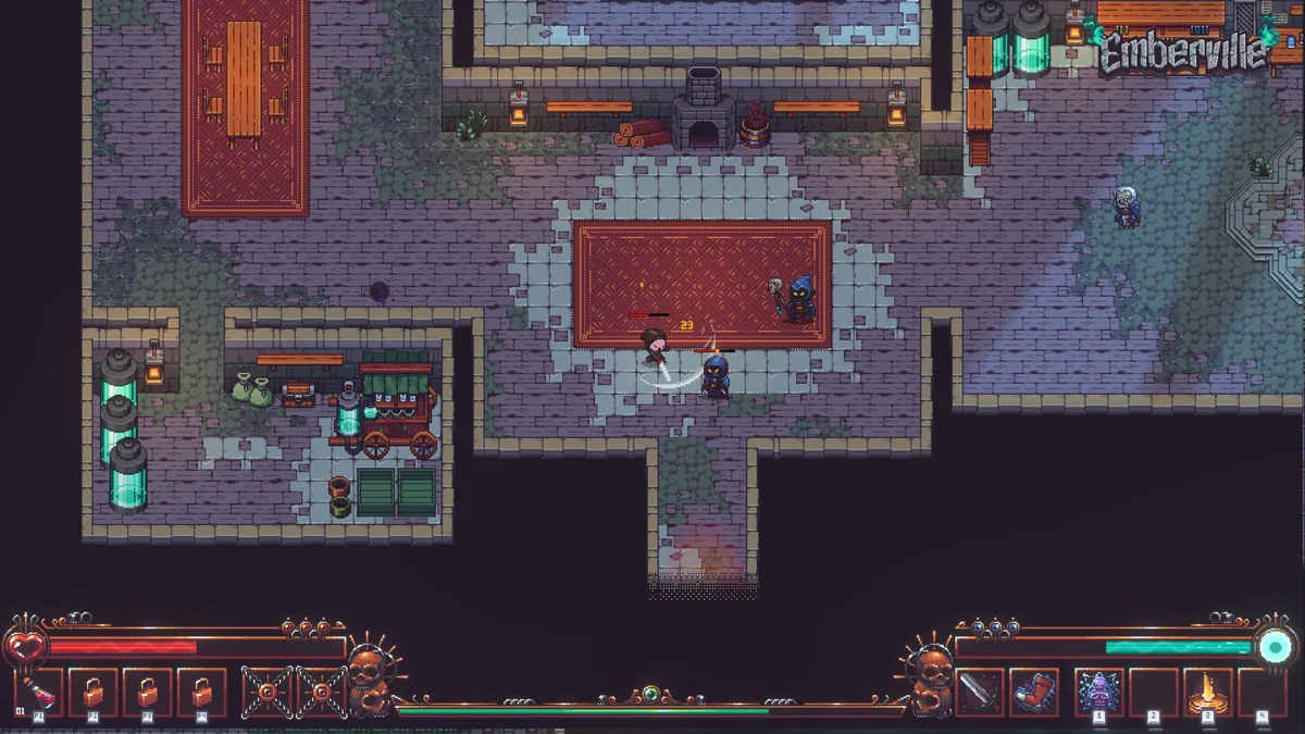 Pixel-art battle scene in stone halls showing player characters and enemies with the game HUD visible.