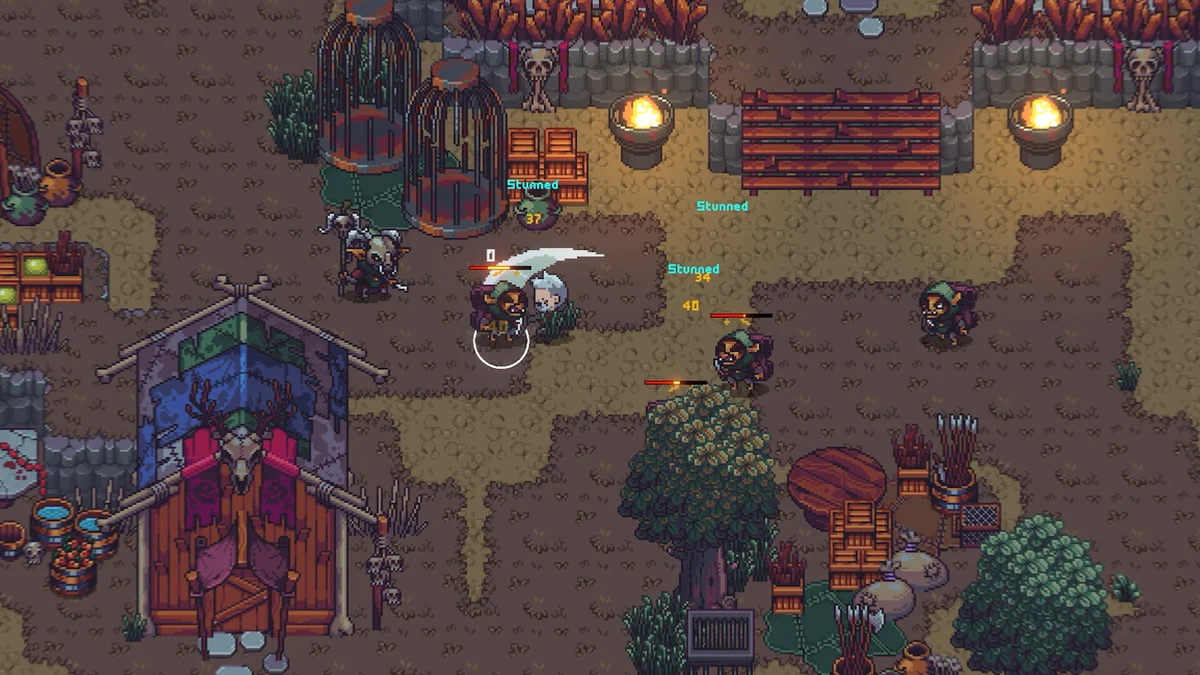 Pixel-art combat scene with burning braziers, crates and enemies in a fortified camp.
