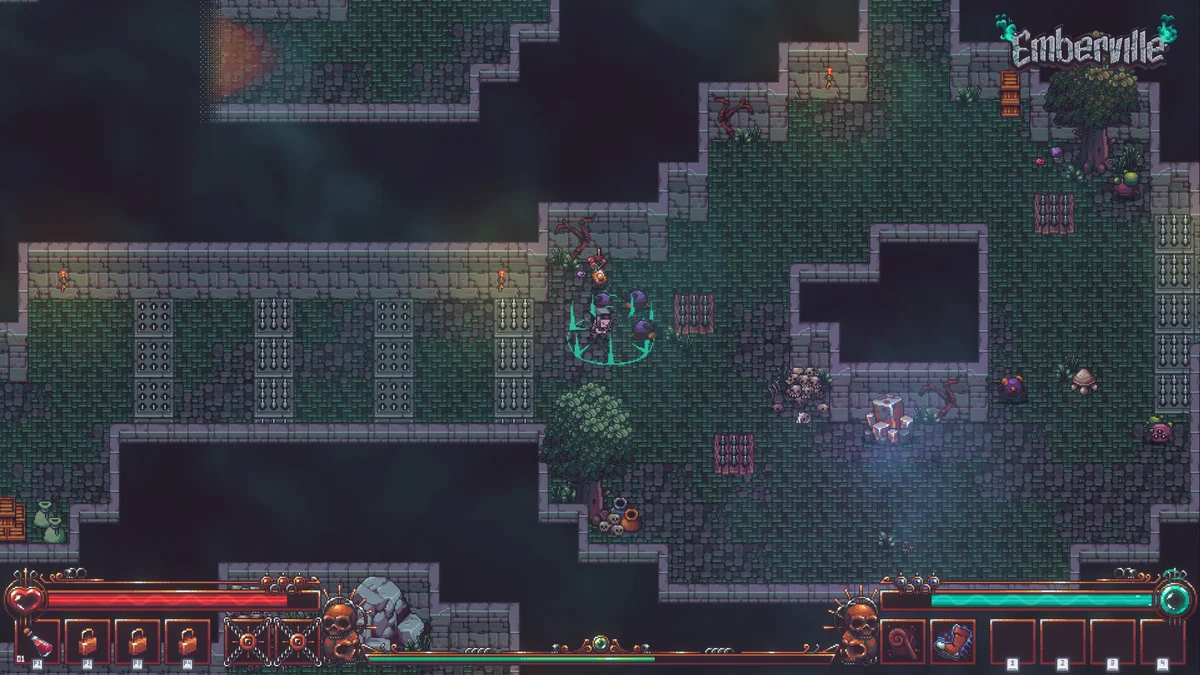 Top-down pixel-art view of stone ruins and corridors forming a dungeon layout.
