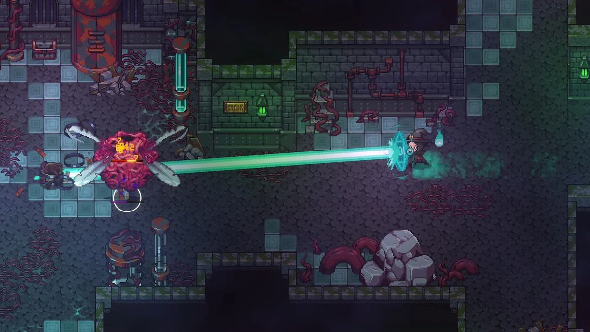 Pixel-art boss battle with a glowing cyan beam striking a large enemy in a dark stone arena.
