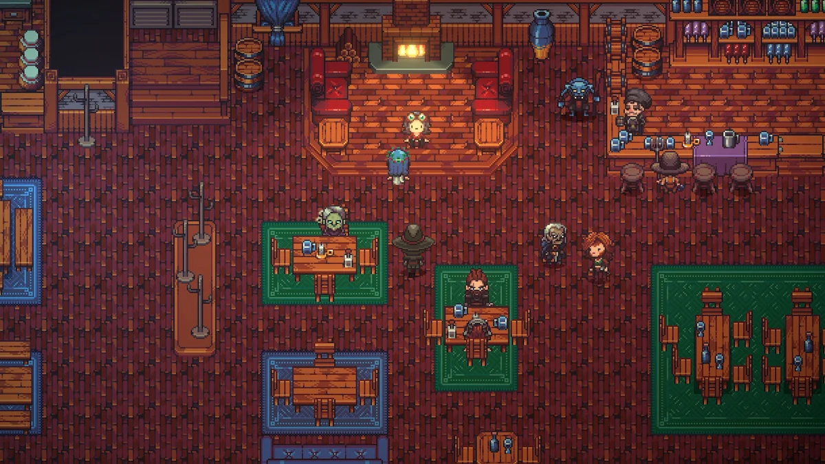 Pixel-art town tavern interior with characters gathered around tables and a bar.