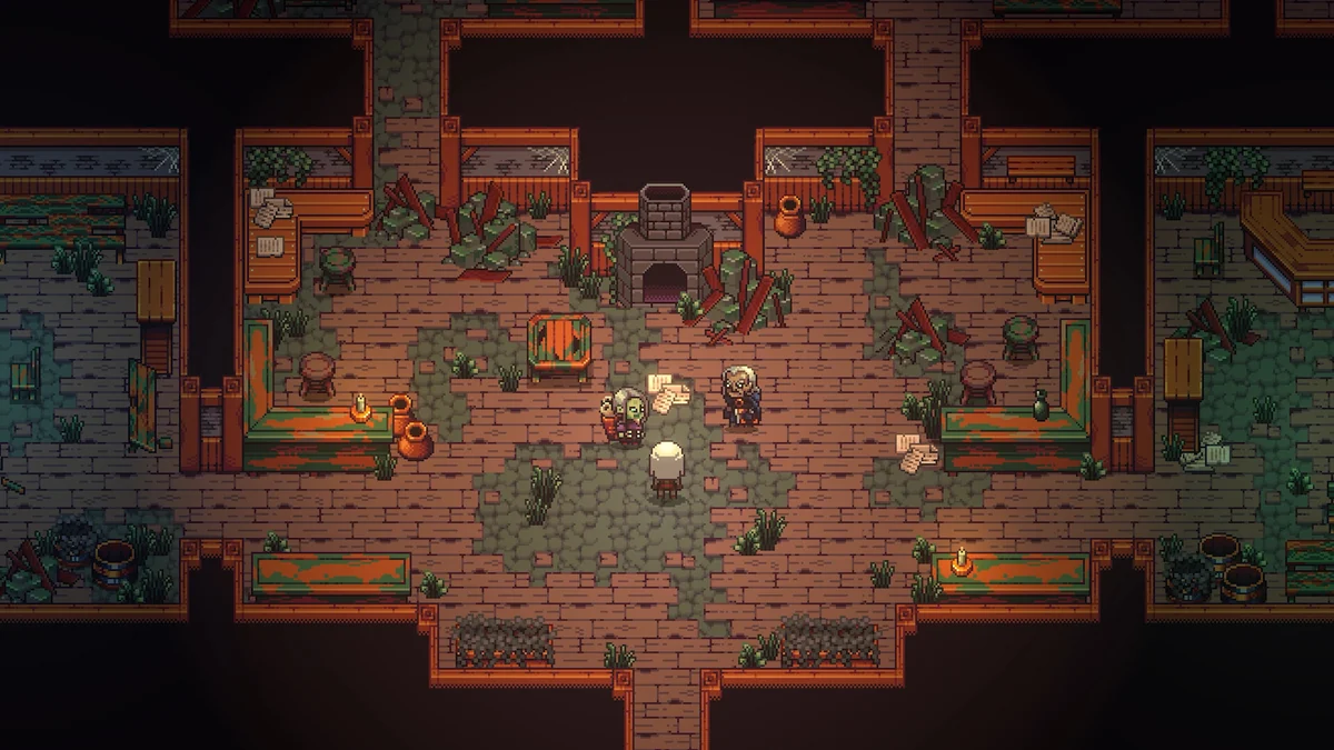 Pixel-art interior of Emberville town showing rooms, workbenches and crafting stations.